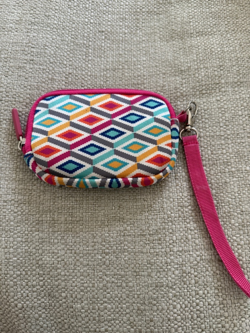 Jonathan Adler Wristlet - Multicolor Geometric with Pink Strap.